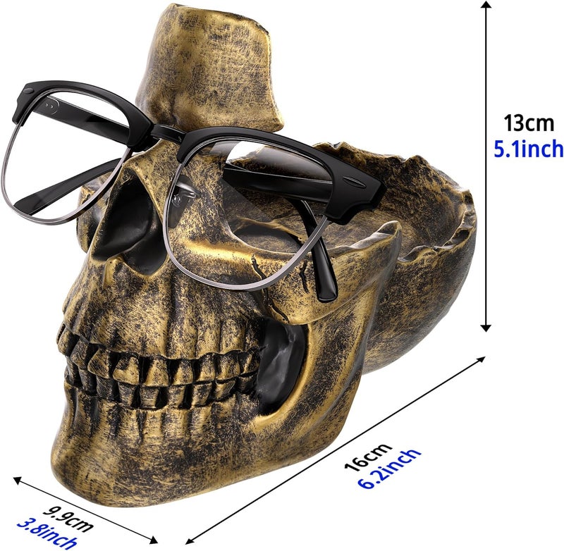 Readaeer Skull Glasses Stand Holder, Creative Eyeglasses Holder, Sunglasses Spectacle Display Rack, Key Holder Resin Sculptures for Entryway, Home, Office, Desk, Nightstand (Bronze) - Image 2